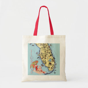 Florida vintage travel map woman on beach tote bag