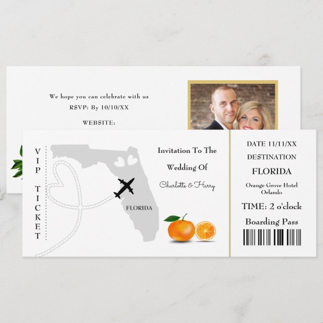 Florida Wedding Destination Ticket Boarding Pass Invitation (Front/Back)