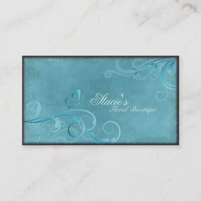 Florist Business Card Teal Blue Swirls Butterfly (Front)