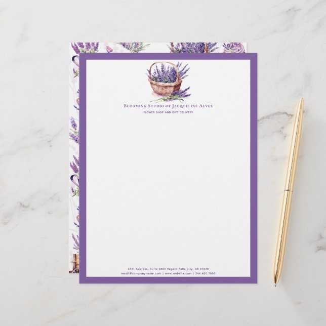 Florist Business Custom Lavender Watercolor  Custom Letterhead (Front/Back In Situ)