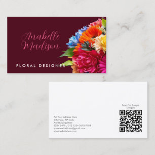 Florist Colourful Floral Bouquet QR Code Wine Red Business Card