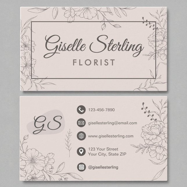 Florist Floral Blush Pink Floral Line Art Business Card (Creator Uploaded)