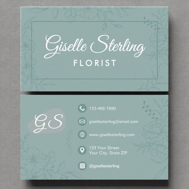 Florist Flowers Teal Floral Line Art Script Business Card (Creator Uploaded)