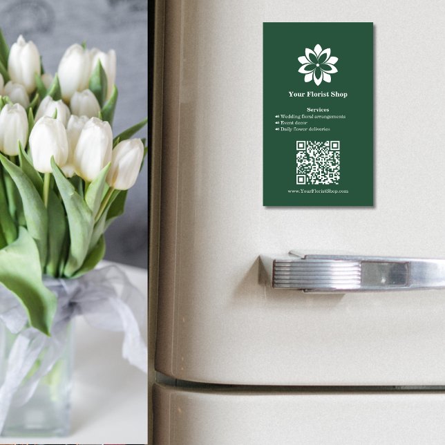 🌼Florist Green & White Floral Services Business  Magnetic Business Card (🌼Florist Green & White Floral Services Business Business Card Magnet, Custom Logo, QR Code)