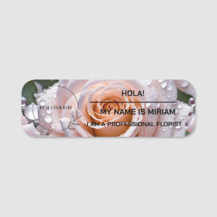 Florist less formal name tag. Rose background. Tag