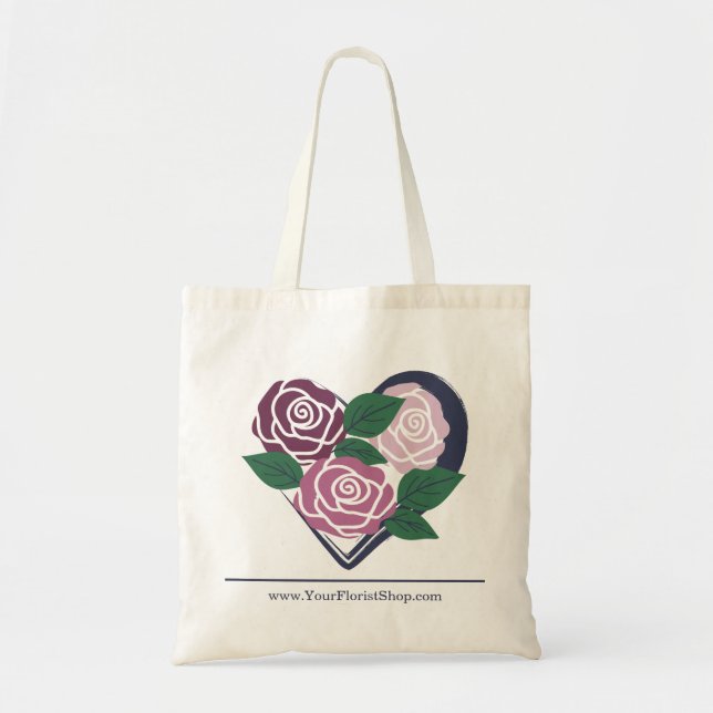 Florist Merch Purple Heart Three Pink Roses Tote Bag (Front)