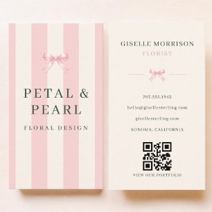 Florist Pink Green Striped Bow QR Code Business Card