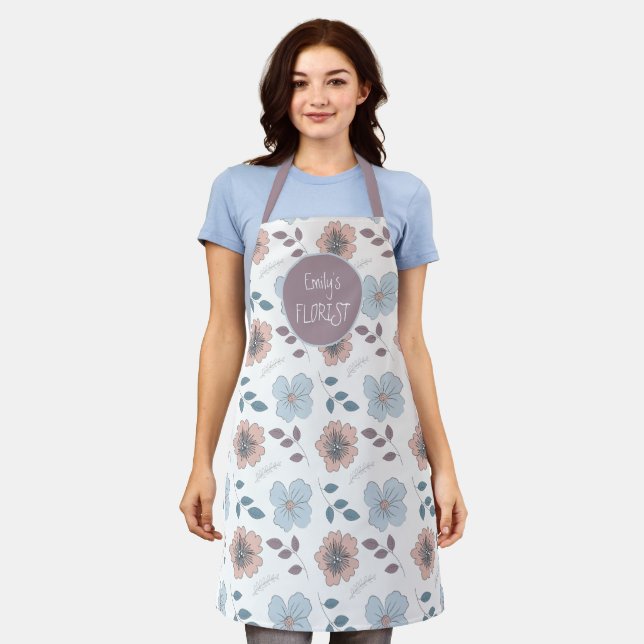 Florist Salmon Pink Dusty Blue Flower Leaf Pattern Apron (Worn)