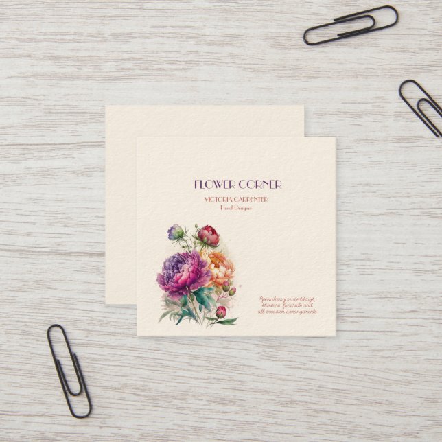 Florist Shop Peonies Square Business Card (Front/Back In Situ)