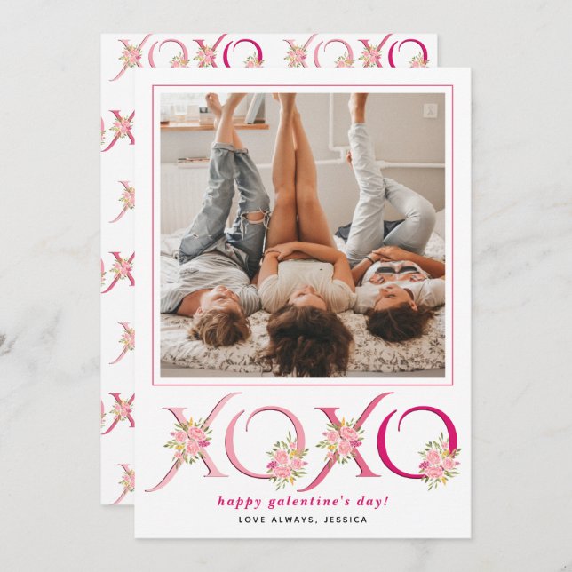 Florl pink  HOHO Galentines Day heart photo Holiday Card (Front/Back)