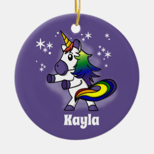 Flossing Rainbow Unicorn with Starry Background Ceramic Tree Decoration