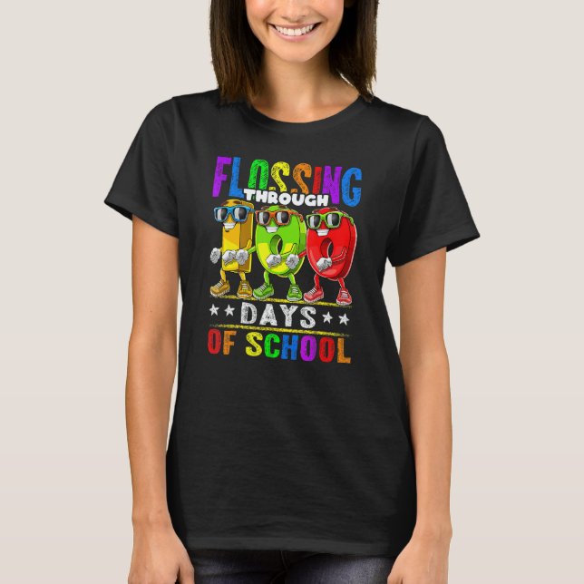 Flossing Through 100 Days Of School 100th Day Scho T-Shirt (Front)
