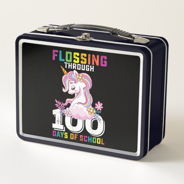Flossing Through 100 Days of School Unicorn Metal Lunch Box (Front)