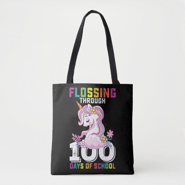 Flossing Through 100 Days of School Unicorn Tote Bag (Front)