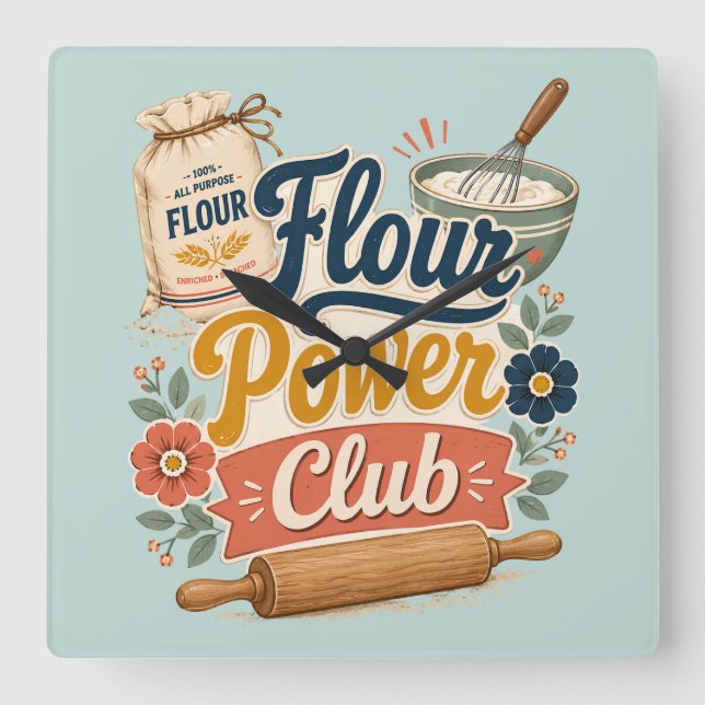 Flour Power Cottage Baking Club Square Wall Clock (Front)