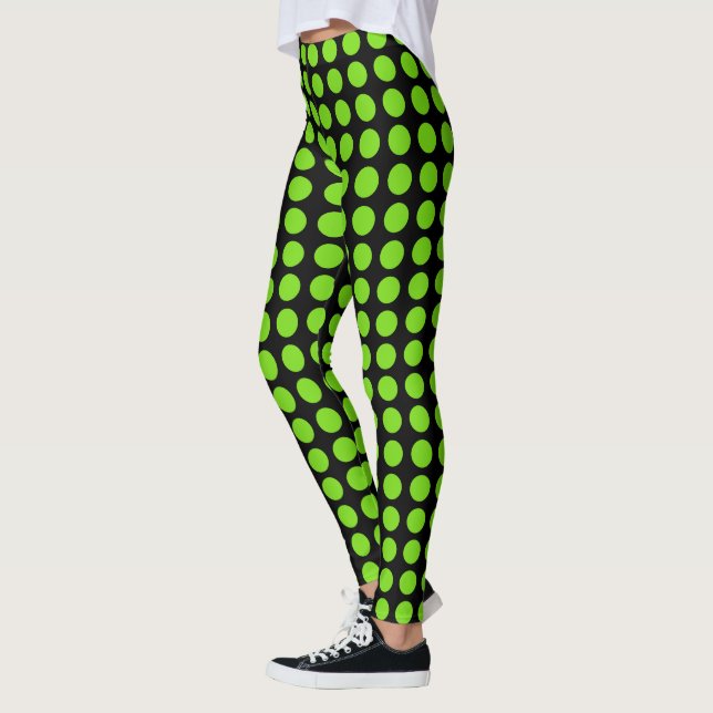Flourescent Green Polkadots on BLACK or your Colou Leggings (Left)