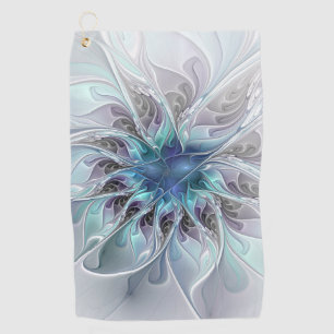 Flourish, Abstract Modern Blue Flower Fractal Art Golf Towel