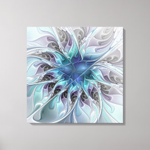 Flourish Abstract Modern Flower W. Blue Triptych Canvas Print