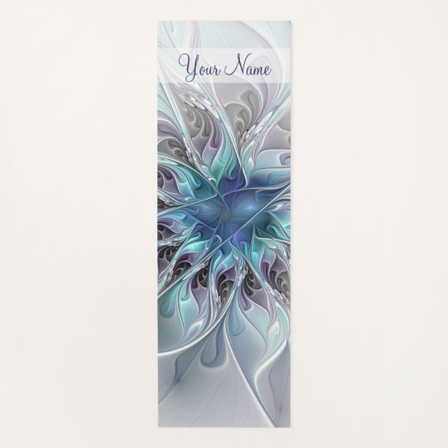 Flourish Abstract Modern Fractal Flower Blue Name Yoga Mat (Front)
