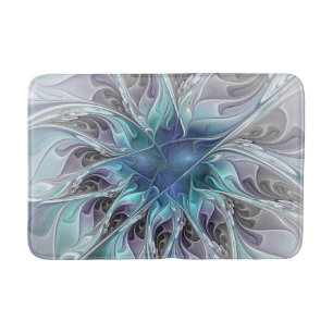 Flourish Abstract Modern Fractal Flower With Blue Bath Mat