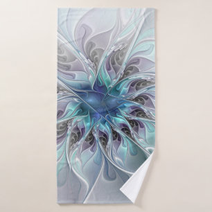 Flourish Abstract Modern Fractal Flower With Blue Bath Towel