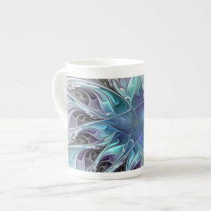 Flourish Abstract Modern Fractal Flower With Blue Bone China Mug