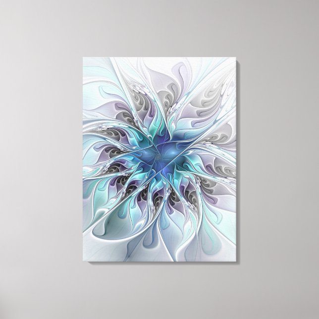 Flourish Abstract Modern Fractal Flower With Blue Canvas Print (Front)