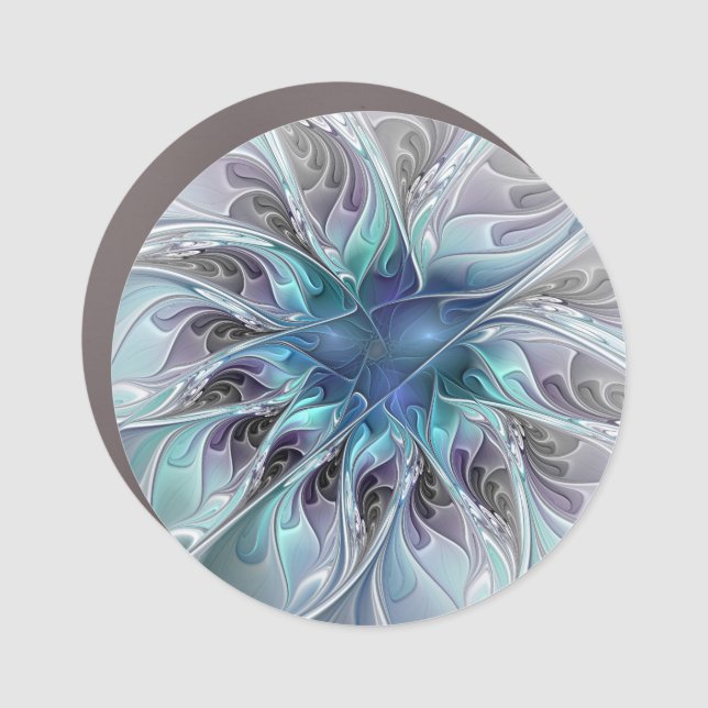 Flourish Abstract Modern Fractal Flower With Blue Car Magnet (Front)