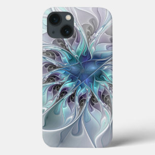 Flourish Abstract Modern Fractal Flower With Blue iPhone 13 Case
