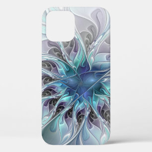Flourish Abstract Modern Fractal Flower With Blue iPhone 12 Case