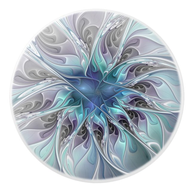 Flourish Abstract Modern Fractal Flower With Blue Ceramic Knob (Front)
