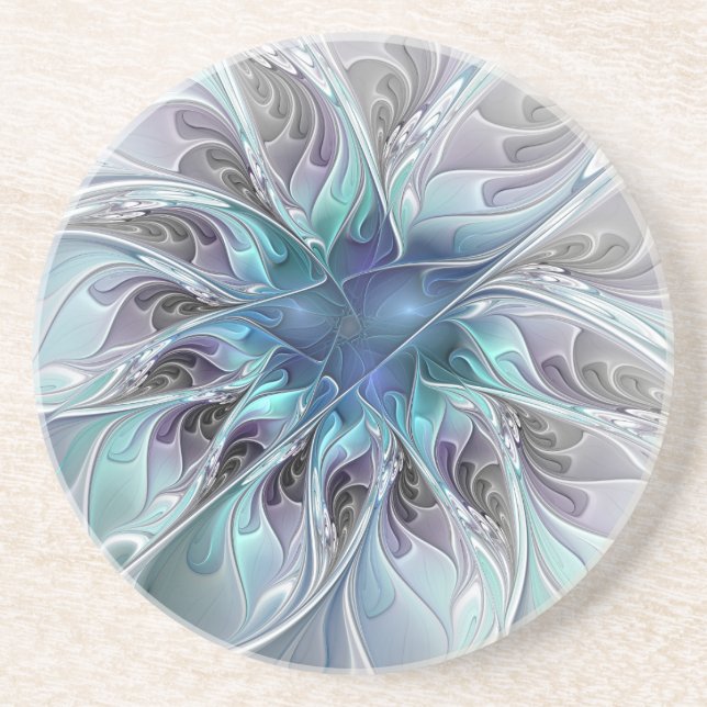 Flourish Abstract Modern Fractal Flower With Blue Coaster (Front)