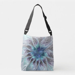 Flourish Abstract Modern Fractal Flower With Blue Crossbody Bag
