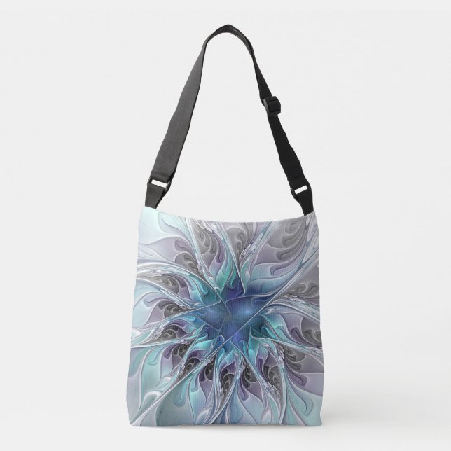 Flourish Abstract Modern Fractal Flower With Blue Crossbody Bag (Front)