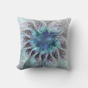 Flourish Abstract Modern Fractal Flower With Blue Cushion