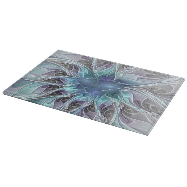 Flourish Abstract Modern Fractal Flower With Blue Cutting Board (Corner)