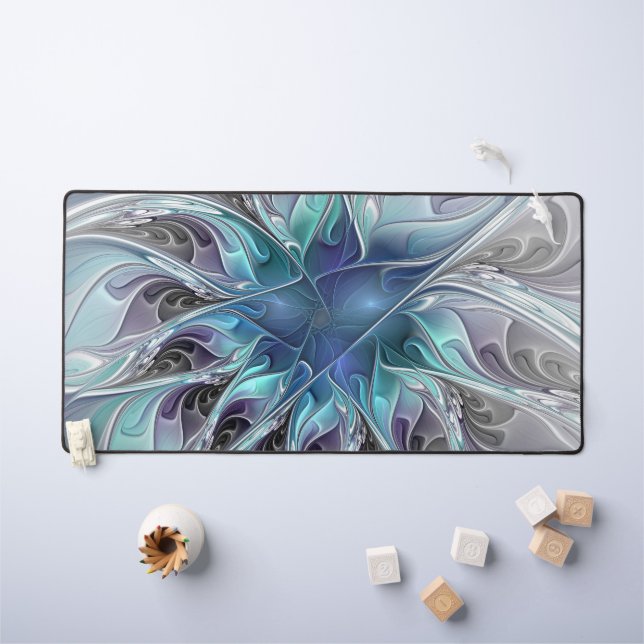 Flourish Abstract Modern Fractal Flower With Blue Desk Mat (Kids Table)