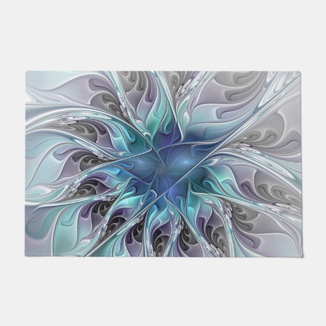 Flourish Abstract Modern Fractal Flower With Blue Doormat (Front)
