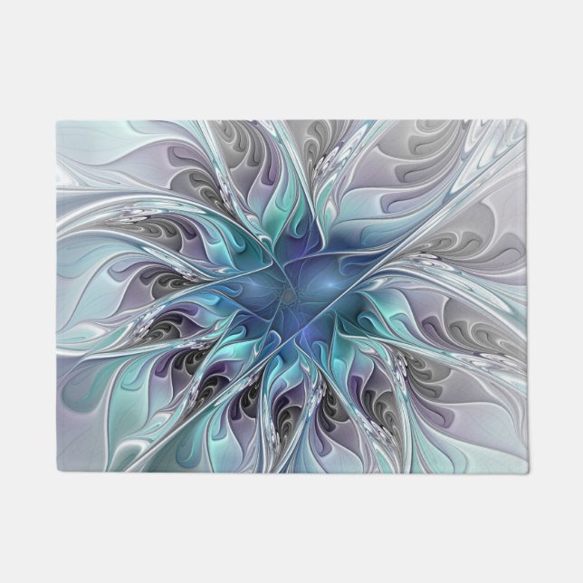 Flourish Abstract Modern Fractal Flower With Blue Doormat (Front)
