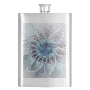Flourish Abstract Modern Fractal Flower With Blue Hip Flask