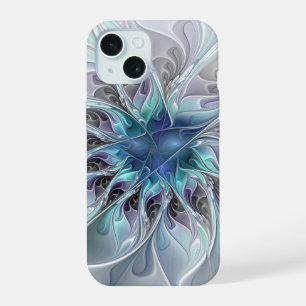 Flourish Abstract Modern Fractal Flower With Blue iPhone 15 Case