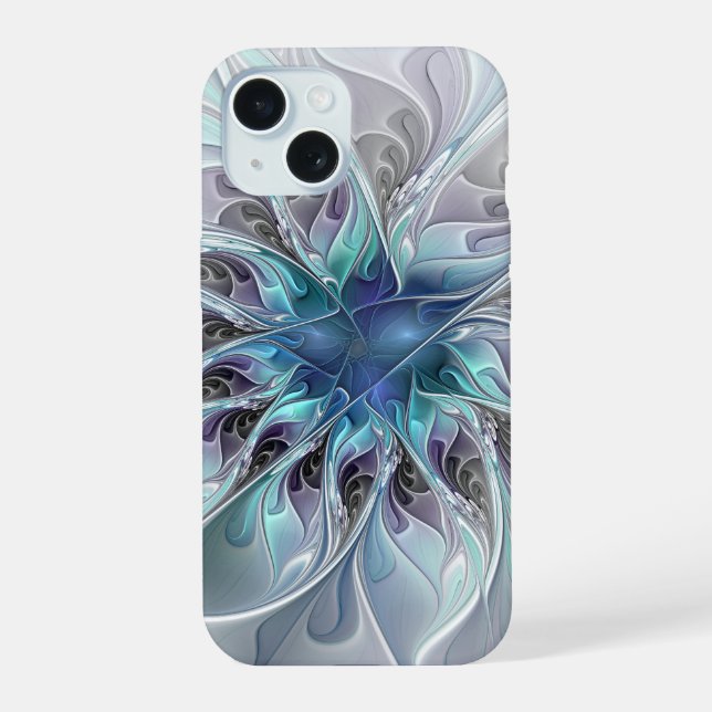 Flourish Abstract Modern Fractal Flower With Blue iPhone 15 Case (Back)
