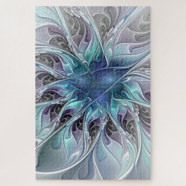 Flourish Abstract Modern Fractal Flower With Blue Jigsaw Puzzle (Vertical)