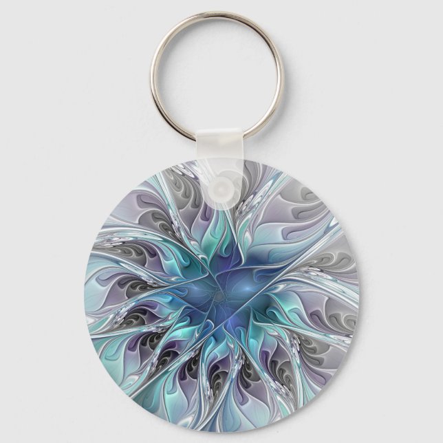 Flourish Abstract Modern Fractal Flower With Blue Key Ring (Front)