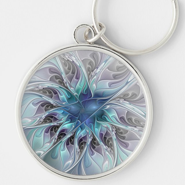Flourish Abstract Modern Fractal Flower With Blue Key Ring (Front)