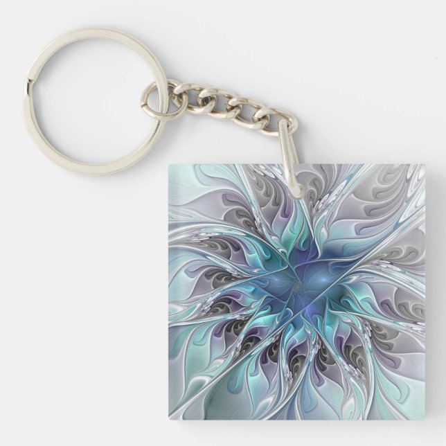 Flourish Abstract Modern Fractal Flower With Blue Key Ring (Front)