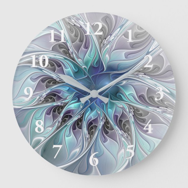 Flourish Abstract Modern Fractal Flower With Blue Large Clock (Front)