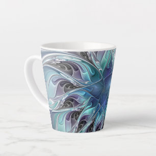 Flourish Abstract Modern Fractal Flower With Blue Latte Mug