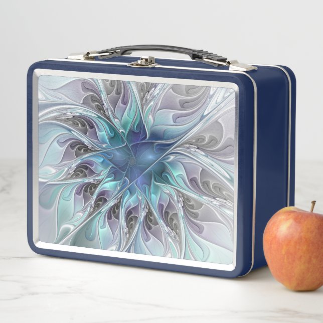Flourish Abstract Modern Fractal Flower With Blue Metal Lunch Box (In Situ)