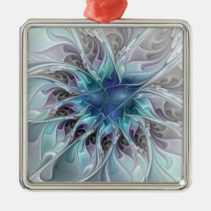 Flourish Abstract Modern Fractal Flower With Blue Metal Tree Decoration